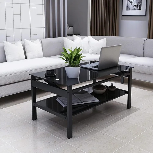 Miniatura 8 de Mesa de centro negra elevable, moderna mesa central pequeña de vidrio templado de 2 capas con almacenamiento, mesa auxiliar ajustable de 37.8