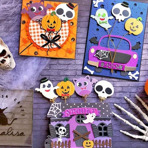 Miniatura 4 de Troqueles de metal con forma de murciélago de globo espeluznante para Halloween, Halloween, fantasma, calavera, calabaza, murciélago, lazo