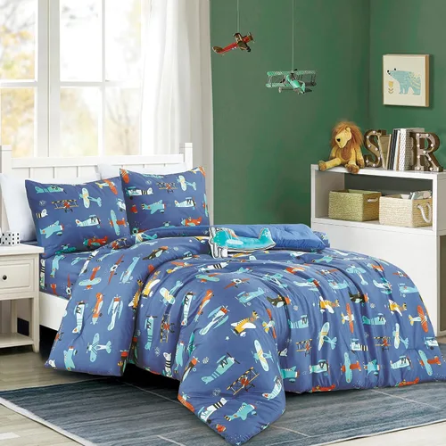 Juego de edredón con estampado de aviones azules para niños, niñas y adolescentes. Ropa de cama tamaño individual para habitación de niños. Incluye
