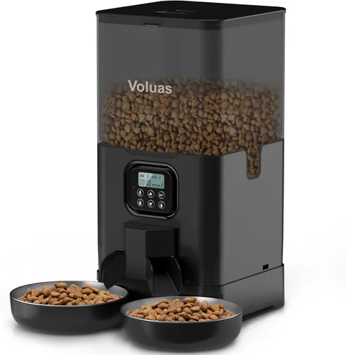 Voluas Comedero automático para gatos para dos gatos, comedero doble para mascotas con 2 cuencos de acero inoxidable, comederos temporizados para