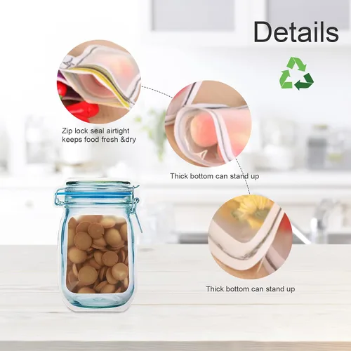 Miniatura 2 de Paquete de 18 bolsas reutilizables para refrigerios, con cremallera en tarro de masón, bolsas de almacenamiento a prueba de fugas para viajes