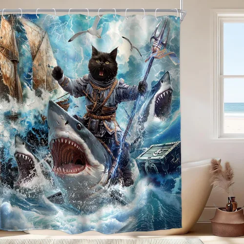 Miniatura 9 de Divertida cortina de ducha con diseño de gato de surf, tiburón, divertida, náutico, océano, océano, mar, ondas, animales, novedad, 72 pulgadas