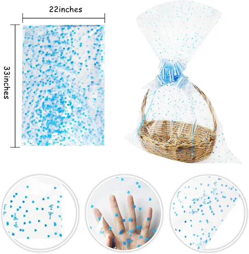 Miniatura 2 de Yotelab Bolsas grandes de celofán, envoltura transparente de corazón azul para cesta de regalo, 22 x 33 pulgadas, 10 bolsas de regalo de celofán