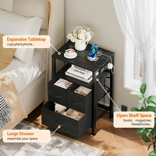 Miniatura 4 de Furnulem Mesita de noche negra con estante de madera, mesa auxiliar con luz LED y estación de carga, mesita de 25.8 pulgadas con 3 cajones