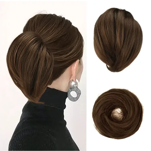 Miniatura 25 de BARSDAR Extensión de cola de caballo y moño de pelo de cobre, extensiones de moño corto sintético liso elástico para mujer, moños desordenados