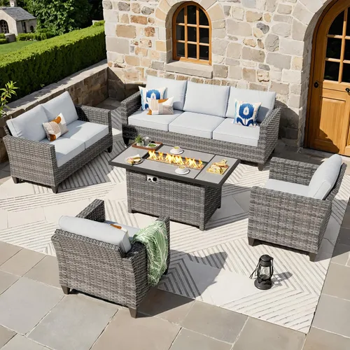 Miniatura 34 de ovios Juego de muebles de patio de 6 piezas, sillas giratorias de mimbre para exteriores con mesa para fogatas de 30 pulgadas, juego de mecedoras