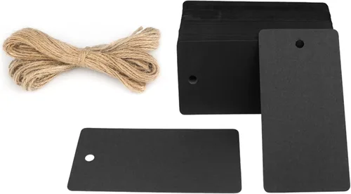 G2PLUS Etiquetas de regalo negras con cuerda, 100 etiquetas colgantes de papel en blanco, etiqueta de papel negro de 3.5 x 1.7 pulgadas, etiqueta