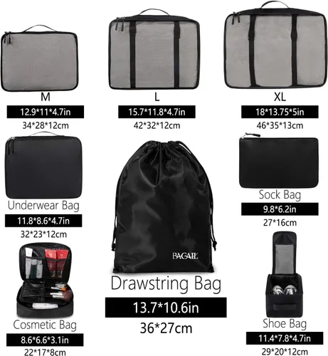 Miniatura 2 de BAGAIL Juego de 8 cubos organizadores de equipaje para accesorios de viaje (negro azabache)