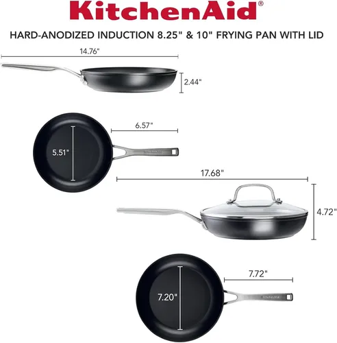 Miniatura 2 de KitchenAid Juego de sartenes antiadherentes de inducción anodizada dura con tapa, 3 piezas, sartenes de 8 y 10 pulgadas, duraderas, de calefacción