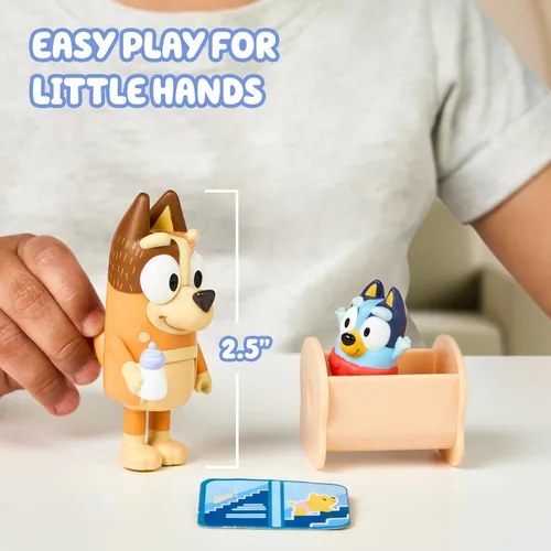 Miniatura 5 de Paquete de 2 figuras articuladas de juguete de carreras de Bluey Baby, juguetes de personajes con Chilli y bebé en cuna accesorio, figuras de acción