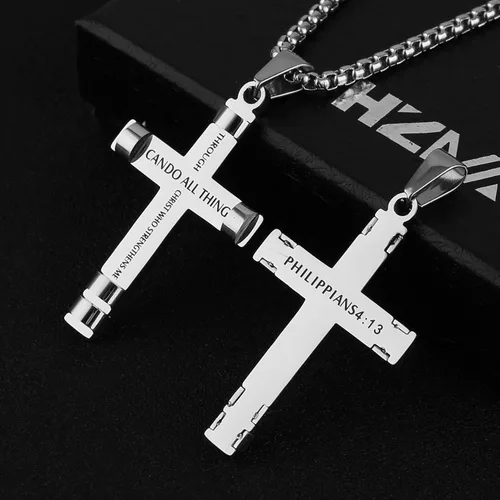 Miniatura 2 de HZMAN - Collar de acero inoxidable con colgante de cruz de fuerza 3 colores disponibles texto bíblico en inglés Filipenses 413