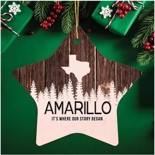 Amarillo Adorno de árbol amarillo TX adornos de Navidad Texas – It's Where Our Story Began – Decoración rústica de Navidad, adorno de estrella de 3