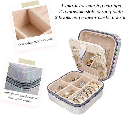 Miniatura 4 de Small Jewelry Box with mirror, Portable Mini Travel Jewelry Case Storage Organizer, PU Leather Double Layer Jewellery Organizer for Women and Girls
