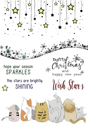 Miniatura 3 de Sellos Transparentes de Feliz Año Nuevo y Navidad, Sellos de Goma Transparente con Diseños de Cinco Gatos, Estrella, Copo de Nieve, Saludos