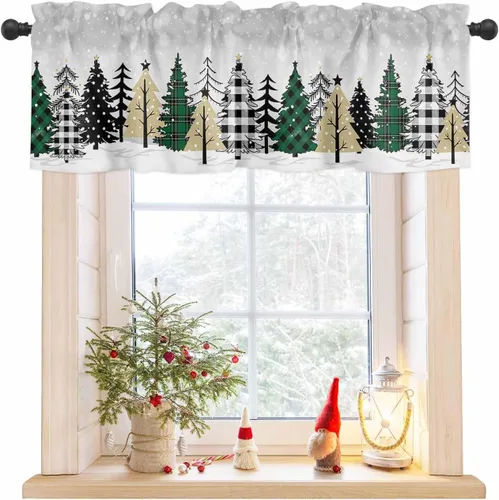 Miniatura 8 de Cenefa de amarre cardenal de Navidad, cenefa de cocina ajustable con hojas de eucalipto verde baya, cenefas blancas con bolsillo para barra