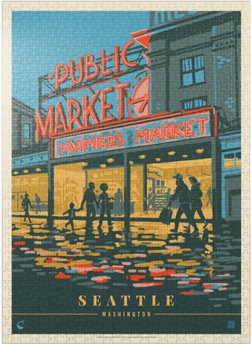 MyPuzzle USA-Seattle, WA: Morning At The Market, póster vintage, rompecabezas premium de 1000 piezas para adultos