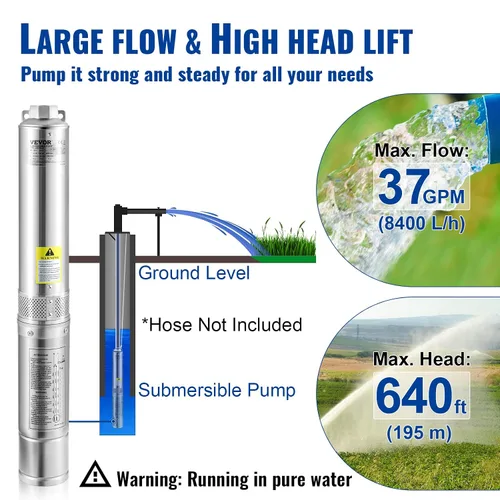 Miniatura 3 de VEVOR - Bomba sumergible de acero inox. de 4 pulg para pozo profundo, 3HP/2200W, 230V/60Hz, flujo de 37 GPM, cabezal de 640 pies, cable eléctrico