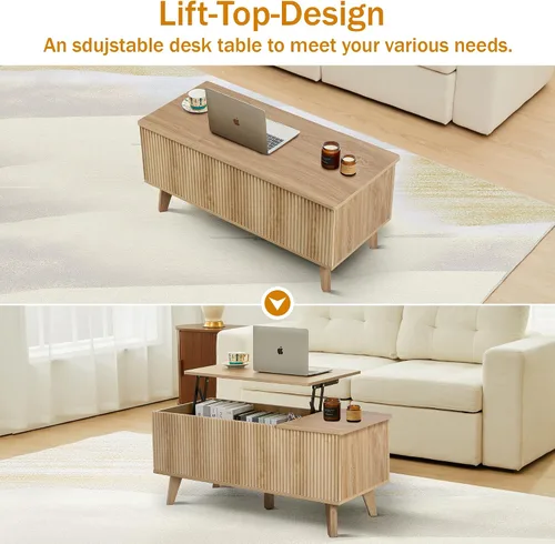 Miniatura 7 de Mesa auxiliar bohemia con tapa elevable con almacenamiento para sala de estar, dormitorio, mesa auxiliar rectangular baja acanalada con cajones