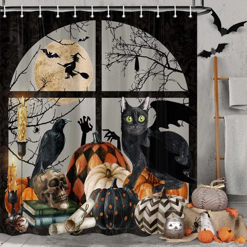Cortina de ducha de Halloween, espeluznante calabaza negra, gato negro, juego de cortina de ducha de esqueleto gótico, calavera de terror,