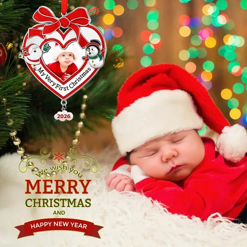 Miniatura 6 de Yookeer Primer adorno de fotos de Navidad del bebé 2025, marco de fotos de Navidad para el primer recuerdo del bebé recién nacido (1 unidad, corazón)