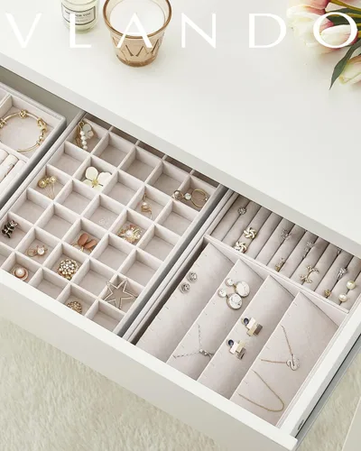 Miniatura 6 de Vlando Bandeja de joyería, caja organizadora de joyas apilable para cajón, aparador de armario, collar, aretes, anillos, pulseras para mujeres