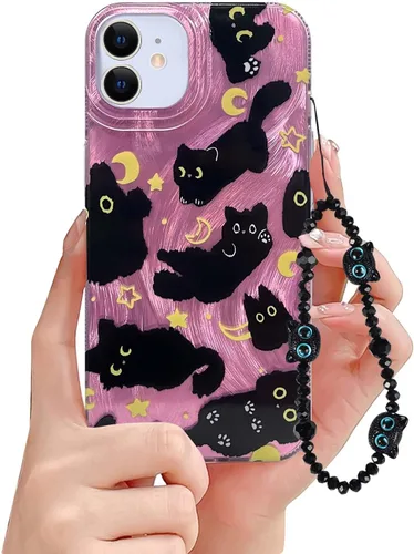 Miniatura 19 de Funda de teléfono para iPhone 11 con patrón de gato lindo, estética, genial y femenina con correa de encantos de teléfono y cadena, funda protectora
