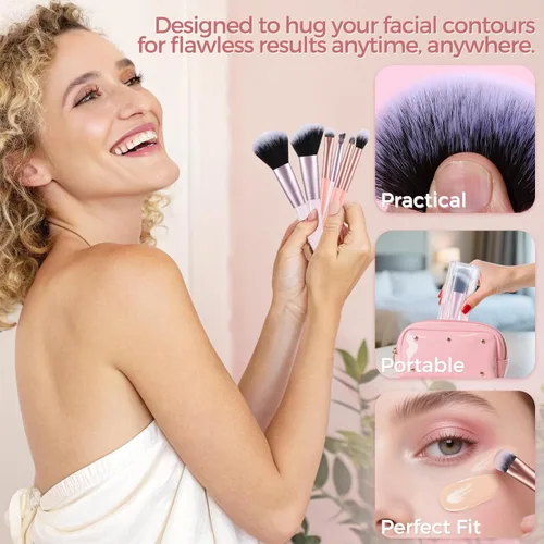 Miniatura 6 de Juego de brochas de maquillaje de viaje, mini brochas de maquillaje para base, corrector, sombra de ojos, rubor, mezcla y pulido, polvo líquido