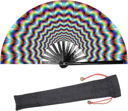 Ventilador de mano plegable grande para mujeres/hombres, chino/japonés con bambú y tela de nailon, ventilador de mano, para actuaciones, Trippy