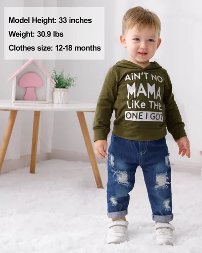 Miniatura 3 de WESIDOM Ropa de bebé niño, sudadera con capucha de impresión de manga larga con pantalones de mezclilla conjunto