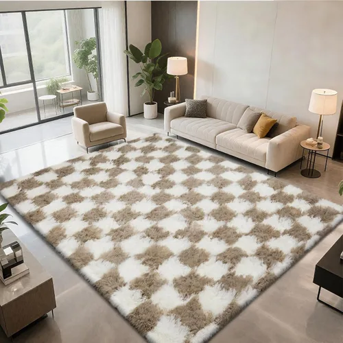 Miniatura 55 de Alfombra peluda para dormitorio, sala de estar, 2 x 6 pies, antideslizante, esponjosa, suave, alfombra lanuda beige y blanca para sala de estar