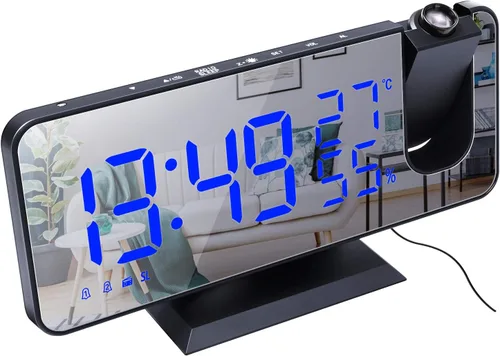 ThreeH Reloj despertador de proyección Radio Digital Reloj despertador 4 atenuadores y 180° giratorio y 2 sonidos 7.4 '' Pantalla de espejo grande