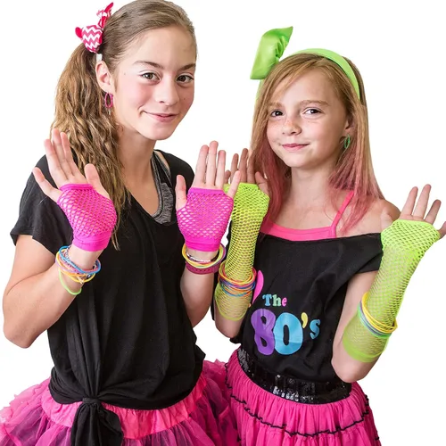 Miniatura 7 de SATINIOR 12 pares de guantes de malla de red de Halloween de los años 80 y 90 para mujeres y niños, guantes de neón sin dedos para fiestas