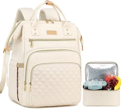 AIJIEKE Mochila de almuerzo para mujer, mochila para laptop de 15.6 pulgadas con caja de almuerzo aislada desmontable, bolsa de trabajo 2 en 1 Beige