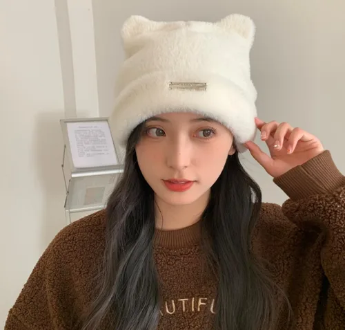 Miniatura 2 de Gorros de ganchillo con diseño de gato para mujer, lindos gorros de orejas de oso para mujer, gorros de invierno holgados con calavera Y2K