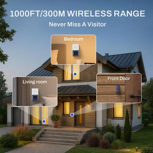 Miniatura 4 de BN-LINK Timbre inalámbrico, timbre de puerta impermeable, fácil instalación, rango de 1000 pies, volumen ajustable y 58 campanillas, flash LED, Negro