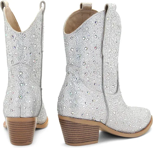 Miniatura 4 de SOVANYOU - Botas de cowboy con tachuelas para mujer, puntera en forma de almendra, tacón de bloque brillante, botas de vaquera con tachuelas