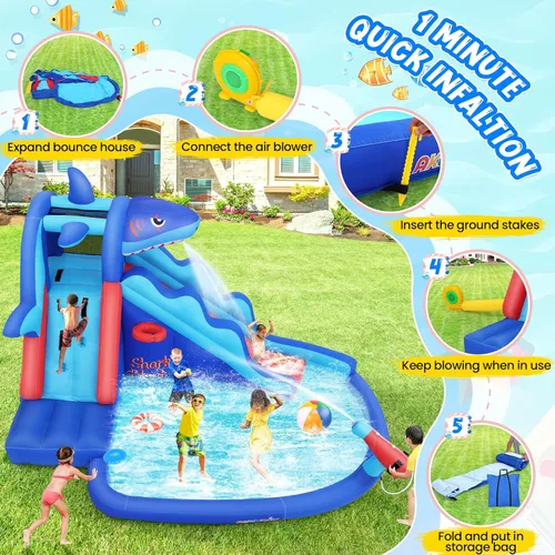 Miniatura 6 de AKEYDIY Toboganes acuáticos inflables, estilo tiburón, parque acuático inflable al aire libre con escalada, borde de baloncesto, piscina