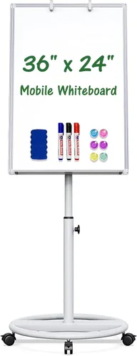 Miniatura 8 de Pizarra blanca móvil, pizarra magnética de borrado en seco con soporte de 40 x 28 pulgadas, caballete giratorio de altura ajustable, soporte móvil