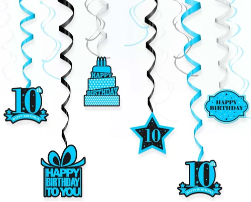 Cartel colgante de feliz cumpleaños número 10 con diseño de remolinos y estrellas, confeti de felicitación a los 10 años de edad, cumpleaños, Hello