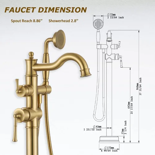 Miniatura 4 de Llenador de bañera independiente con ducha de mano con acabado dorado cepillado, boquilla giratoria con latón áspero y manguera de agua Oro cepillado