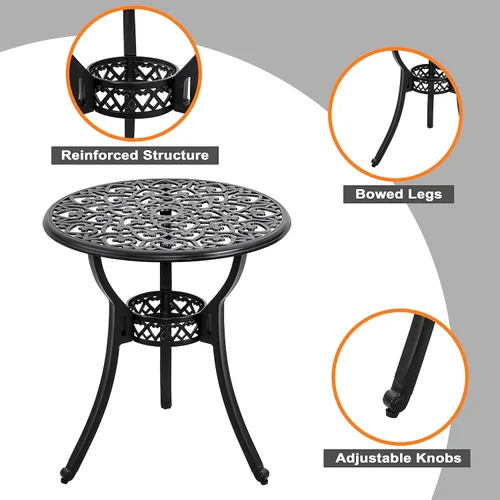Miniatura 8 de NUU GARDEN Juego de 3 piezas de bistró para exteriores, mesa redonda de aluminio fundido de 24 pulgadas con agujero para paraguas de 2.17 pulgadas