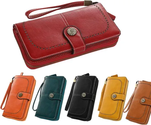 Miniatura 4 de Cartera de cuero para mujer, con bloqueo RFID, de gran capacidad, para tarjetas, cartera larga con muñeca