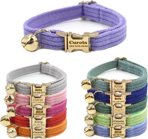Collar de gato personalizado con nombre de mascota, número de teléfono, hebilla de metal grabada, collares de terciopelo ajustables personalizados