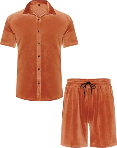 Miniatura 14 de LecGee Conjunto de pantalones cortos casuales de verano para hombre, camisa de terciopelo de manga corta con botones, pantalones cortos de cintura