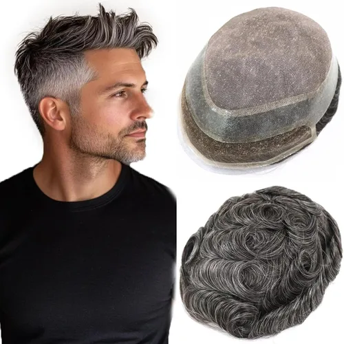 Miniatura 10 de HAPPY&CC Toupee - Piezas de cabello humano con encaje frontal suizo para hombre, parte superior fina mono con poliuretano alrededor de sistema de #1B