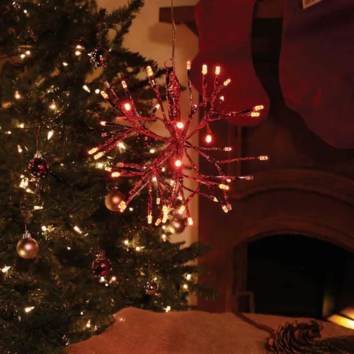 Miniatura 4 de Alpine Corporation Adorno de copo de nieve colgante en 3D de ramita de Navidad para interiores de 10 pulgadas de alto, con luces LED, rojo, Rojo