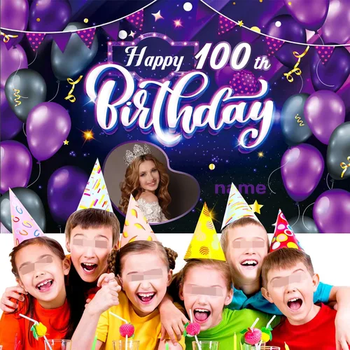 Miniatura 5 de Cartel decorativo personalizado de feliz cumpleaños número 100, personalización, morado, tamaños grandes, soporta fotos y nombres personalizados
