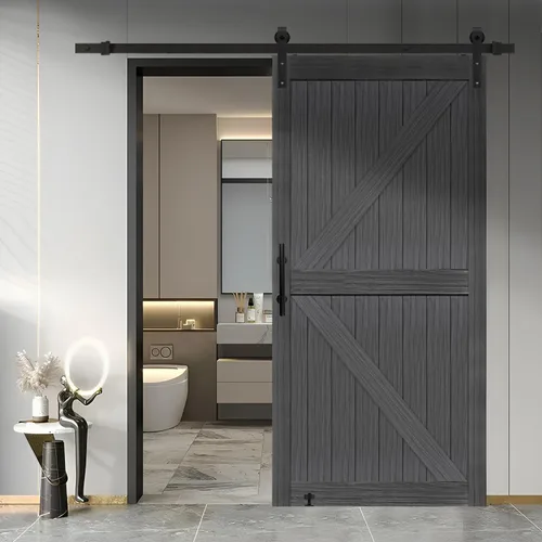 Miniatura 26 de S&Z TOPHAND® Puerta de granero doble de MDF de 18 x 84 pulgadas con kit de herrajes para puerta corredera de 6 pies, tablero sólido de puerta