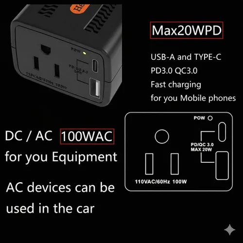 Miniatura 4 de HearGrow - Inversor de corriente de 100 W para vehículo: adaptador de cargador directo de encendedor de cigarrillos sin ventilador, negro