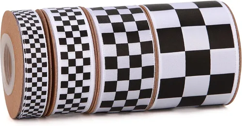 Miniatura 11 de Meseey 4 rollos en total de 20 yardas de cinta de satén a cuadros de diamante blanco y negro, cintas a cuadros de arlequín para envolver regalos